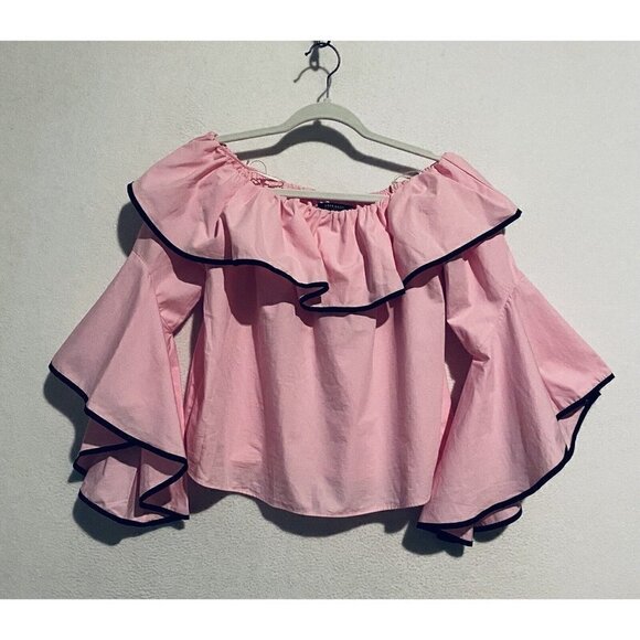 Zara Top Womens Medium Off the Shoulder Ruffle Bell Sleeve Cropped Pink Boho - Picture 2 of 8